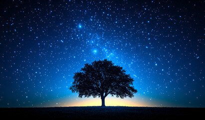 Wall Mural - a tree is standing in a field of stars. the sky is dark and the stars are shining brightly