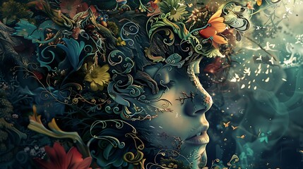 A surreal portrait blending human features with vibrant floral elements, symbolizing nature and transformation.