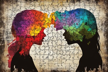 Poster - Neuro gear Neural integration Colorful puzzle head profiles facing each other symbolizing the complexity of human interaction and the search for intellectual harmony