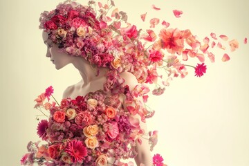 Stunning woman full body shape made of flowers with light background and perfume concept. Center composition artistic photo. Woman figure composed of colorful blooms in 3 2 aspect ratio.