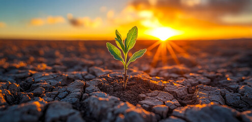 Wall Mural - A small plant is growing in the desert. The sun is setting in the background, casting a warm glow on the plant. The scene is serene and peaceful, with the plant standing out against the harsh