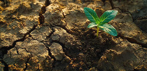 A small plant is growing in the dirt. The dirt is dry and cracked, and the plant is the only sign of life in the area