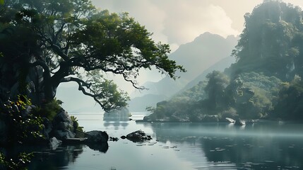 A serene landscape featuring a calm lake, mountains, and lush greenery, evoking tranquility and natural beauty.