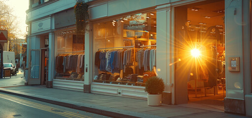 Sticker - Sunlight shines on the window of an upmarket clothing shop alongside a bright street. Generative AI.