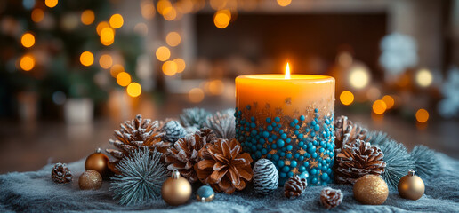 Wall Mural - A candle is lit on a table with pine cones and other decorations. Scene is warm and cozy, perfect for the holiday season