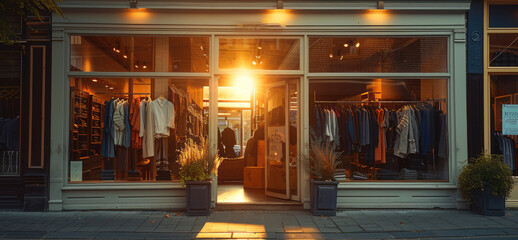 Sunlight shines on the window of an upmarket clothing shop alongside a bright street. Generative AI.