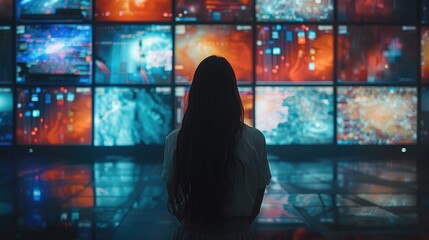 Aufkleber - A woman silhouette against the backdrop of an illuminated wall with multiple screens displaying various images and colors, representing digital media marketing. Generative AI.