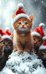 Wall Mural - A group of cats wearing Santa hats are standing on a snowy surface. The image conveys a festive and playful mood, as the cats are dressed up in holiday attire