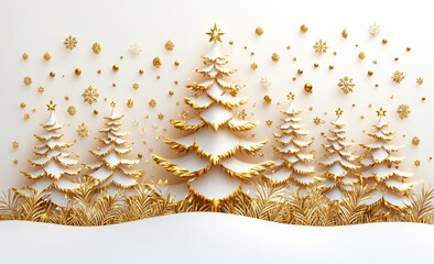 Wall Mural - A gold and white Christmas tree with snowflakes and stars surrounding it. The tree is surrounded by other trees, creating a festive and joyful atmosphere