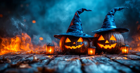 Two witches with blue hats and two pumpkins with orange faces. The witches are standing on a wooden surface with a fire in the background