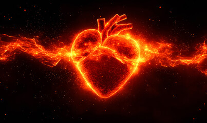 Poster - A heart is lit up in a fiery red color. The heart is surrounded by a stream of fire, which gives the impression of a heart that is burning. Concept of passion, love, and intensity
