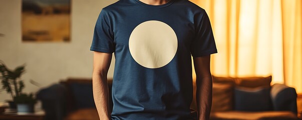 Wall Mural - Minimalist circle design on a navy t-shirt, solid cream background.