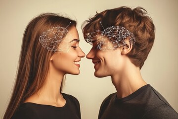 Poster - Future mind interfaces Neural mesh Romantic photograph of a couple gazing into each other’s eyes with digital brain elements representing the fusion of love and intellectual connection