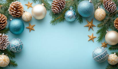 Wall Mural - A blue background with a bunch of Christmas ornaments including stars and pine cones. The blue background is the main focus of the image