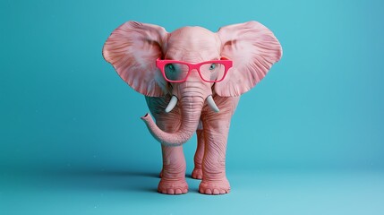 Wall Mural - A playful pink elephant wearing glasses against a blue background.