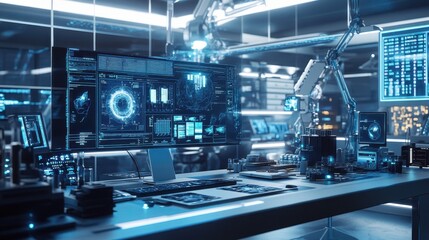 Wall Mural - Futuristic High-Tech Command Center with Advanced Computer Interfaces