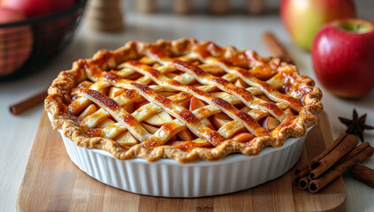 A pie with lattice crust and apples on a wooden table. The pie is the main focus of the image, and the apples are placed around it, creating a sense of abundance and warmth