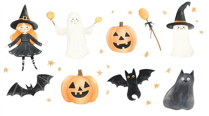 Minimalist watercolor set with Halloween characters: witch, wizard, pumpkin, black cat, bat, and ghost, in cartoon style on white.