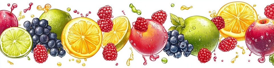 Wall Mural - Fruit seamless pattern, sweet tropical fruits and mixed berries in juice splashes. Orange, lime, grapes, apple, raspberry, blueberry, cranberry. 