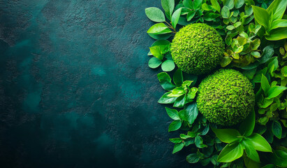 A green background with two green plants in the foreground. The plants are small and round, and they are surrounded by green leaves