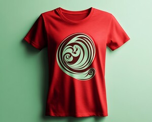 Wall Mural - Simple swirl design on a red t-shirt, solid light green background.