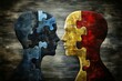 © Leo - Neuro wellness Neuro network Dual colored illustration of two profiles with puzzle piece brains symbolizing the mental conflict and emotional tension in relationships