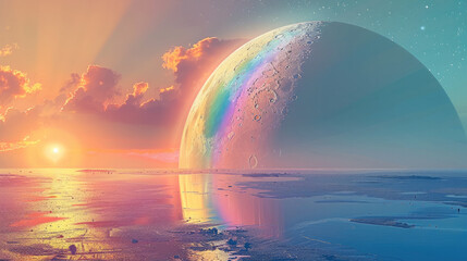 Poster - Moon and Rainbow Harmony, a harmonious where the moon and a rainbow converge. Generative AI.