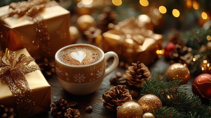 Wall Mural - Ultra-realistic holiday coffee gifts, close-up of coffee-themed presents and festive decorations, detailed textures, high-definition clarity, natural light, elegant and cozy holiday atmosphere