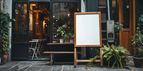 White paper poster mockup displayed outside the building restaurant. Marketing and business concept