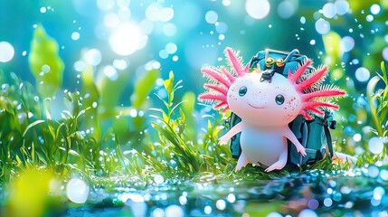 A small axolotl explorer, equipped with a tiny backpack, embarks on an exciting underwater adventure full of colorful marine life and enchanting scenes beneath the waves.