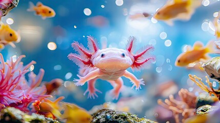 An enchanting axolotl gracefully glides through a vibrant aquarium, surrounded by a school of colorful fish, showcasing the beautiful interplay of underwater life in motion.