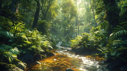 Poster - A lush green forest, surrounded by towering trees and a stream running through it. The background is a dense jungle. Generative AI.