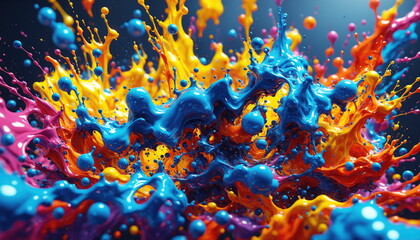 Poster - Close-up view of a vibrant abstract splashes of blue, yellow, and pink paint, creating a mesmerizing and dynamic composition