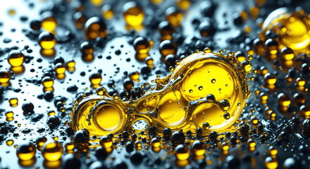 Poster - Macro impact as multiple oil droplets splash and ripple on a smooth, reflective surface