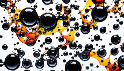 Poster - Vibrant, abstract image featuring interconnected spheres of liquid in various colors, including blue, orange, red, and black, against a white background