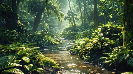 Poster - A lush green forest, surrounded by towering trees and a stream running through it. The background is a dense jungle. Generative AI.