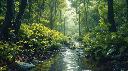 Poster - A lush green forest, surrounded by towering trees and a stream running through it. The background is a dense jungle. Generative AI.