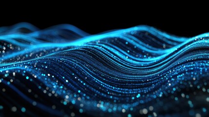 Poster - 3D abstract digital interface with blue horizontal particle lines flowing smoothly on a black background, representing communication technology and innovation.