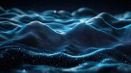 Poster - 3D abstract landscape with flowing blue particle lines on a dark background, emphasizing the concept of advanced communication technology and digital innovation.
