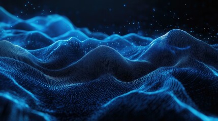 Poster - 3D abstract landscape with flowing blue particle lines on a dark background, emphasizing the concept of advanced communication technology and digital innovation.