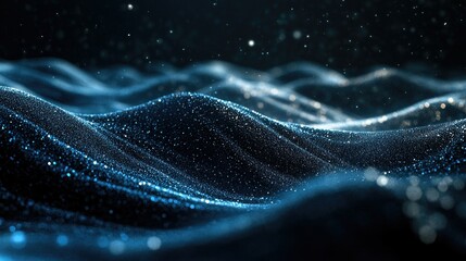Poster - 3D abstract landscape with flowing blue particle lines on a dark background, emphasizing the concept of advanced communication technology and digital innovation.