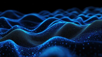 Poster - 3D blue particles forming horizontal lines that ripple and undulate on a black background, perfect for abstract digital interface and tech-themed visuals.