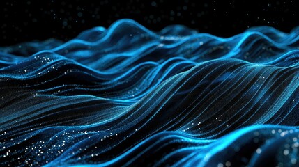 Poster - 3D blue particles forming horizontal lines that ripple and undulate on a black background, perfect for abstract digital interface and tech-themed visuals.
