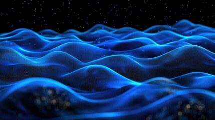 Poster - 3D blue particles forming horizontal lines that ripple and undulate on a black background, perfect for abstract digital interface and tech-themed visuals.