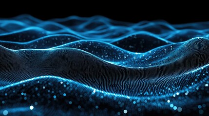 Poster - 3D blue particles forming horizontal lines that ripple and undulate on a black background, perfect for abstract digital interface and tech-themed visuals.