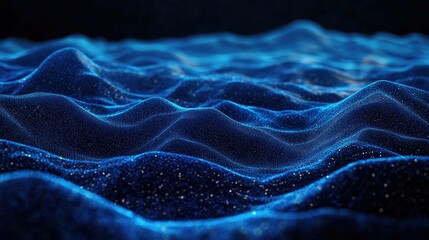 Leinwandbilder - 3D landscape with blue particles forming horizontal lines that ripple and flow against a dark backdrop, illustrating advanced communication technology. )