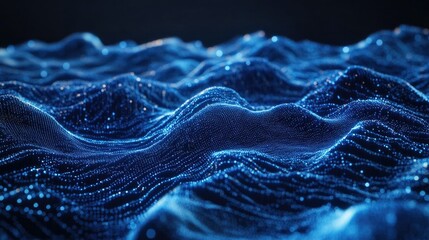 Leinwandbilder - 3D landscape with blue particles forming horizontal lines that ripple and flow against a dark backdrop, illustrating advanced communication technology. )