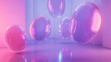 Poster - 3D shiny chat bubbles drifting in a contemporary room with a minimalist design, highlighting the future of digital communication and tech.