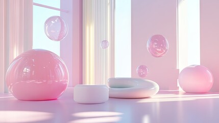 Poster - 3D shiny chat bubbles drifting in a contemporary room with a minimalist design, highlighting the future of digital communication and tech.