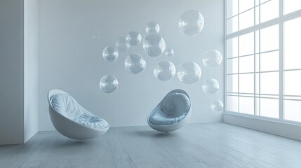Poster - 3D shiny chat bubbles drifting in a contemporary room with a minimalist design, highlighting the future of digital communication and tech.